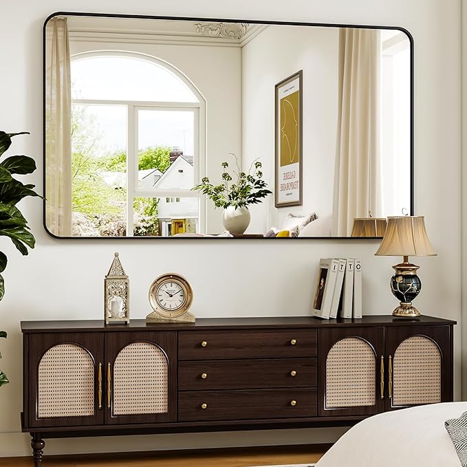 Easly 30 x 48 Inch Bathroom Mirror, Rounded Rectangular Vanity Mirror for Wall, Modern Mirror for Room Decor, Black Framed Wall-Mounted Mirrors for Home Decor, Hangs Horizontally or Vertically