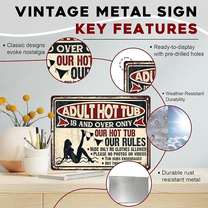 Hot Tub Vintage Tin Sign Adult Hot Tub Metal Sign Indoor Outdoor Funny Signs for Backyard Decor Signs 12x16inch