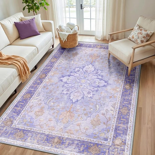 RELEANY Area Rugs 5'x8' Washable Non-Slip, Floral Vintage Distress Print Pattern Medallion Carpet for Living Room Bedroom Dining Room, Light Purple Brown