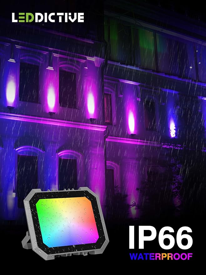 Leddictive 2 Pack RGB LED Flood Light 100W, 1000W Equivalent 10000 LM Outdoor Landscape Flood Lights with 2 Remote, IP66 Waterproof Outdoor Light for Christmas Party Stage Uplight Wall Wash