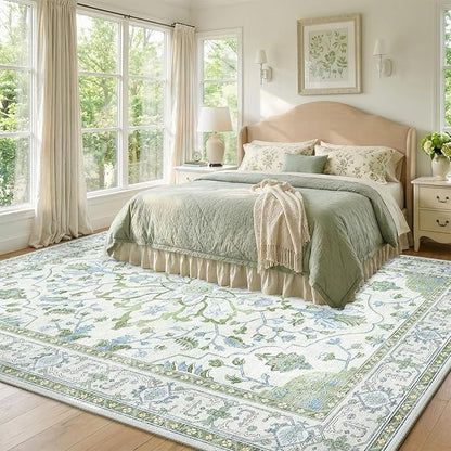 RELEANY Area Rugs 8'x10' Washable Non-Slip, Floral Vintage Distress Print Pattern Medallion Carpet for Living Room Bedroom Dining Room, Green White Blue
