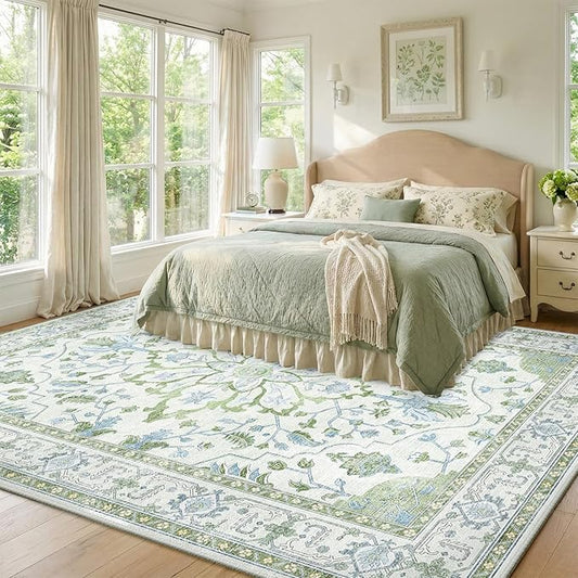 RELEANY Area Rugs 8'x10' Washable Non-Slip, Floral Vintage Distress Print Pattern Medallion Carpet for Living Room Bedroom Dining Room, Green White Blue