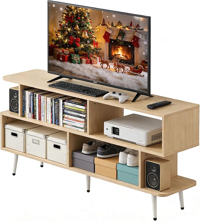 Lightdot 55 Inch TV Stand, up to 65 Inch TVs, Large Storage for Collection with 6 Open Shelves, Sturdy Media Console Table for Living Room/Entrance/Kitchen/Sofa Cabinet, Easy Assembly, Walnut
