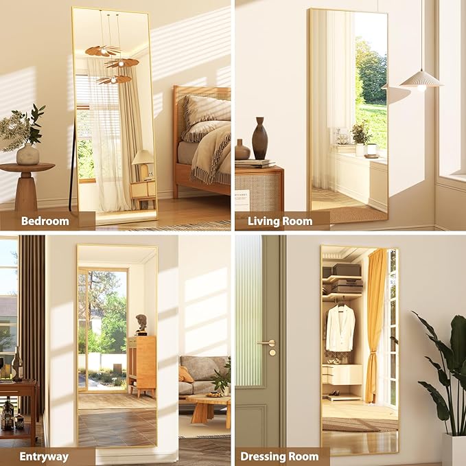 GLSLAND 64"x21" Full Length Mirror Big Standing Mirror Freestanding Hanging or Leaning Rectangle Floor Mirror Aluminum Alloy Thin Frame for Bedroom Living Room,Gold