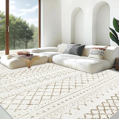 Area Rug for Living Room 9x12: Large Washable Boho Moroccan Rugs Geometric Neutral Rug, Non-Slip Foldable Morden Farmhouse Indoor Floor Carpet for Bedroom Dining Table Home（Brown,9X12）