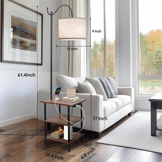 EOEYYOYB Floor Lamp with 3-Tier Shelves, End Table Lamp with USB Charging Port Power Outlet, Side Table Reading Light with 3 Color Temperature Led Bulb Included, Floor Lamps for Living Room, Walnut