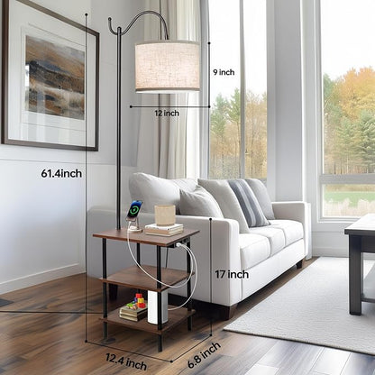 EOEYYOYB Floor Lamp with 3-Tier Shelves, End Table Lamp with USB Charging Port Power Outlet, Side Table Reading Light with 3 Color Temperature Led Bulb Included, Floor Lamps for Living Room, Walnut