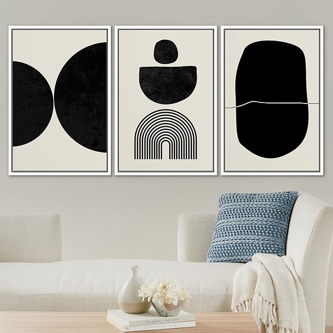 SIGNLEADER Framed Canvas Print Wall Art Set Array of Circles and Semi-Circles Abstract Shapes Illustrations Modern Art Minimalist Black and White for Living Room, Bedroom, Office - 16"x24"x3 WHITE