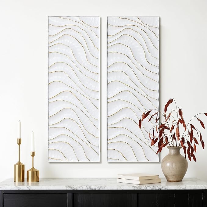 LuxenHome 39.5"H White Metal Wall Decor, Set of 2 Abstract Wall Art for Living Room with Gold Wave Accents, Vertical Wall Hanging Decor for Bedroom, Hallway, Office