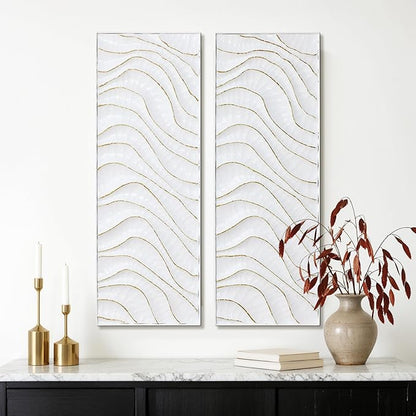 LuxenHome 39.5"H White Metal Wall Decor, Set of 2 Abstract Wall Art for Living Room with Gold Wave Accents, Vertical Wall Hanging Decor for Bedroom, Hallway, Office