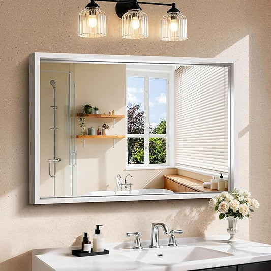 CIRCUMI 30"x42" Brushed Silver Mirror with Chunky Box Metal Frame, Bathroom Mirror for Vanity Remodel & New Home, Living Room, Entryway, Rectangular Wall Mirror, Tempered Glass, Vertical or Horizontal