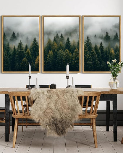 Drsoum Fog Pine Tree Landscape Wall Art Framed Nature Misty Nordic Forests Prints Morden Farmhouse Rustic Artwork Hallway Bathroom Ready to Hang 24x36in Natural Framed