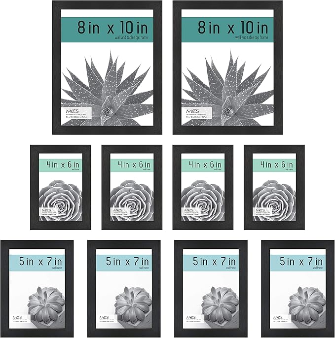 MCS Gallery Essential Picture Frame Set 4x6, 5x7 & 8x10 Black Woodgrain, Gallery Wall Vertical & Horizontal Hanging Frames for Photos & Art Prints (10-Pack)