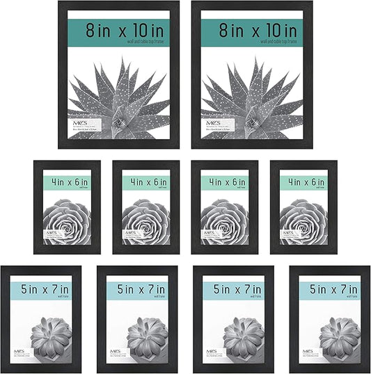 MCS Gallery Essential Picture Frame Set 4x6, 5x7 & 8x10 Black Woodgrain, Gallery Wall Vertical & Horizontal Hanging Frames for Photos & Art Prints (10-Pack)