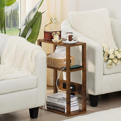 YUFAM 3-Tier Small Narrow Wood Side Table Set of 2 with Charging Station - Skinny Nightstand for Small Spaces, Slim Bedside Table with USB Ports and Outlets - Thin End Table with Storage, Brown