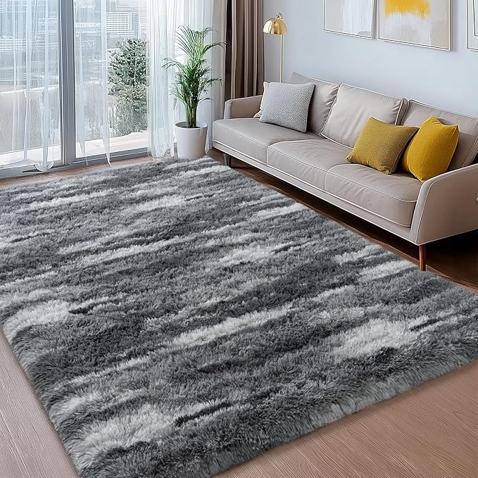 Shag Rugs for Living Room 8x10, Ultra Soft Abstract Grey Big Fuzzy Rugs for Bedroom, 8 x 10 Fluffy Shaggy Plush Carpet Girls Kids Room Dorm Upgrade Non-Slip