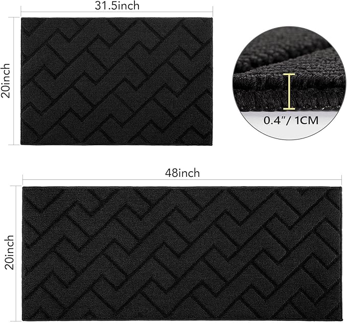 hicorfe Kitchen Runner Rugs and Mats Sets,2 Pieces Absorbent Non-Slip Kitchen Rug,Comfort Kitchen Mat for Floor,Washable for Kitchen,Hallway,Office,Sink,Laundry(20"x48"+20"x32",Black)