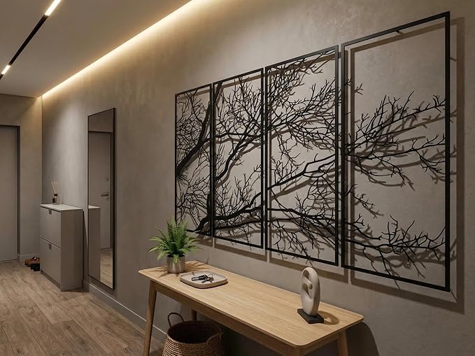 Vailla Tree of Life Wall Decor 4pcs Wooden Wall Art 3D Wall Hanging Wooden Sculpture Modern Wall Home Decoration Textured Sculptures for Living Room Bedroom Office Dinnig Room