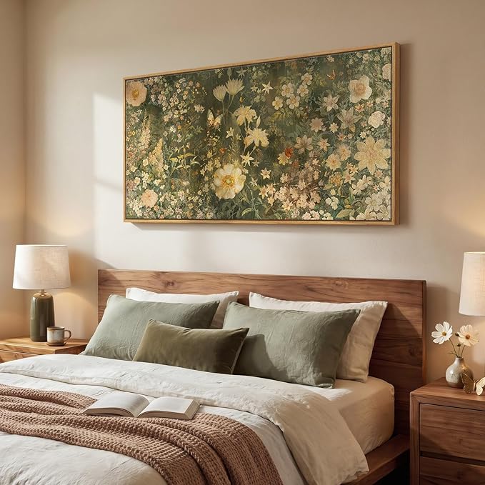 Large Framed Vintage Botanical Wall Art for Living Room, Rustic Retro Floral Canvas Painting Prints, Antique French Garden Flower Pictures for Farmhouse Bedroom Dining Room Wall Decor, 30x60 Inch