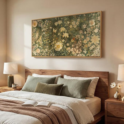 Large Framed Vintage Botanical Wall Art for Living Room, Rustic Retro Floral Canvas Painting Prints, Antique French Garden Flower Pictures for Farmhouse Bedroom Dining Room Wall Decor, 30x60 Inch