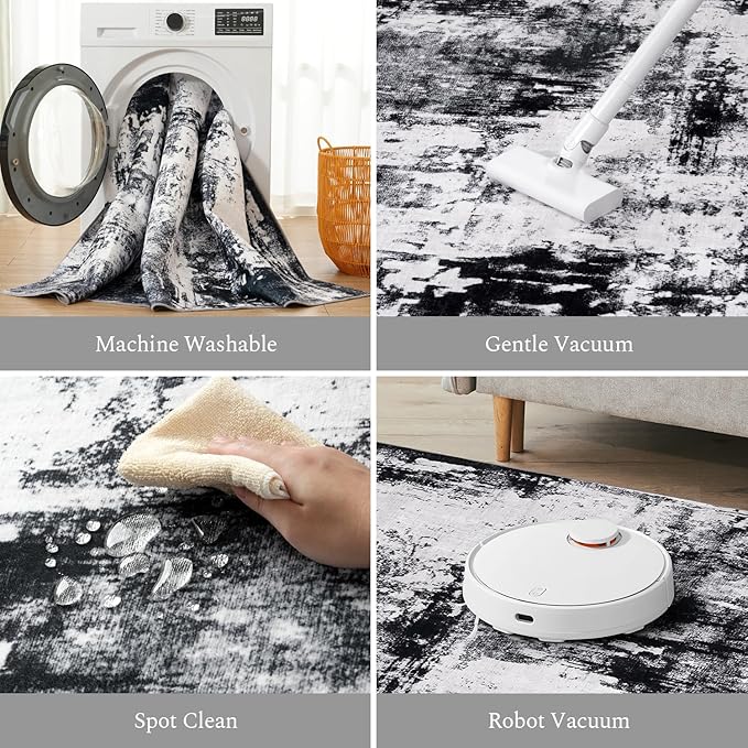 Rugflix 10x12 Area Rugs for Living Room, Black Grey Large Rug Stain-Resistant Low Pile, Big Washable Dark Carpet Non-Slip for Bedroom Dining Room Home Office Nursery Room