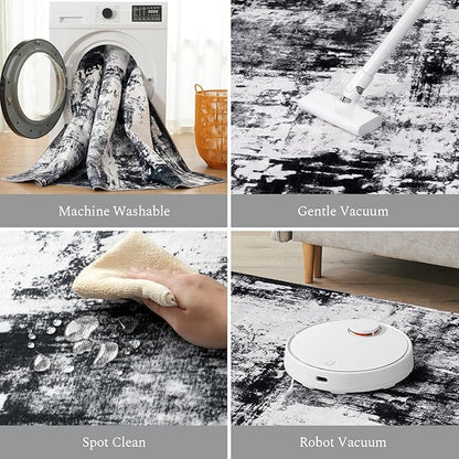 Rugflix 6x9 Area Rugs for Living Room, Washable Large Rug Stain-Resistant Low Pile, Modern Dark Carpet for Dining Room Home Office Kid Room Nursery Bedroom, Black Grey