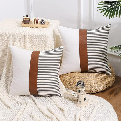 Mecatny Set of 2 Faux Leather Throw Pillows 18x18 with Inserts, Boho Striped Farmhouse Outdoor Pillows, Decorative Accent Cushions for Couch, Patio & Living Room, Black