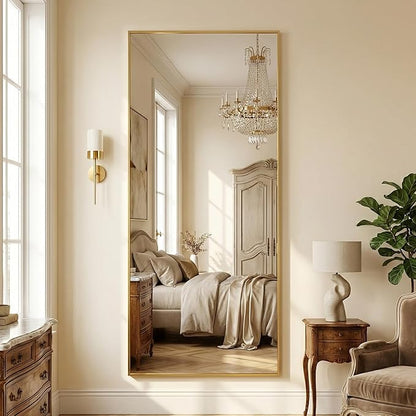 Antok 71''x32'' Full Length Mirror, Shatterproof HD Oversized Floor Mirror with Stand, Aluminum Alloy Frame Leaning Standing or Wall Mounted Mirror for Bedroom Living Room Entryway, Gold