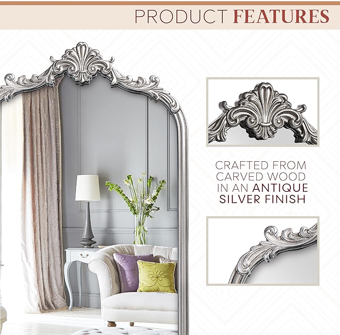 Wylde Iris English Estate Carved Arch Wood Wall Mirror, Mirror for Entryway, Living Room, Bathroom, Antique Silver, 20.4x33