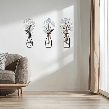Iron Metal Vase Flower Wall Art Minimalist Black Floral Decor for Living Room Bedroom Kitchen, Office Garden - Modern Farmhouse Home Decor & Housewarming Gifts (Beige-Blue No Text)