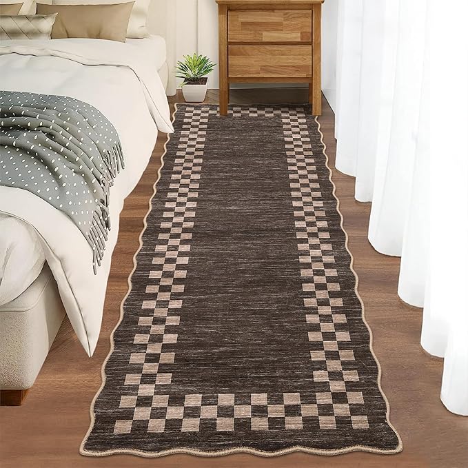 Washable Runner Rug 2x10 Modern Bordered Hallway Runner Rug Non Slip Kitchen Throw Carpet Checkered Bathroom Entryway Runner Rugs Low Pile Solid Area Rugs for Living Room Bedroom Nursery Sink, Brown