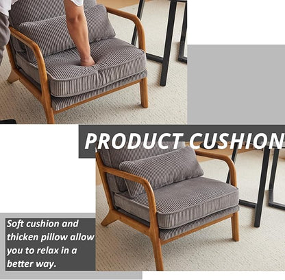 Karl home Mid-Century Modern Accent Chair, Living Room Chairs with Pillow Corduroy Upholstered Lounge Armchair with Solid Wood Frame & Soft Cushion for Bedroom, Reading Room, Gray