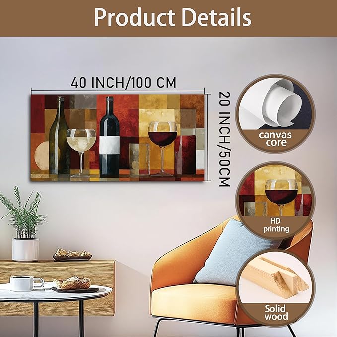 Tarfupth Large Wine Glass Canvas Wall Art for Living Room Geometric Wall Art Abstract Artwork Modern Canvas Prints for Bedroom Kitchen Home Office Decor Room Aesthetic 20x40 Inch