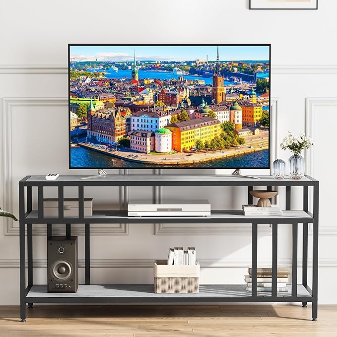 65'' TV Stand for Television up to 75 Inches, Entertainment Center with 3-Tier Open Storage Shelves, TV Media Console Table with Quadruple-Tube Support for Living Room, Grey