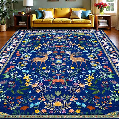 8x10 Blue Farmhouse Rugs for Living Room - Large Unique Washable Area Rug for Bedroom, Dining Room Under Table, Floral & Animal Design, Low Pile Soft Carpet