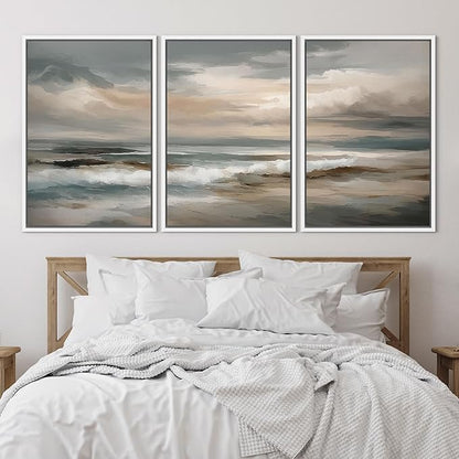 SIGNLEADER Framed Canvas Print Wall Art Set Soft Neutral Coastal Waves Muted Teal and Beige Ocean Illustrations Minimal Decorative Bohemian Nordic for Living Room, Bedroom, Office - 16"x24"x3 WHITE