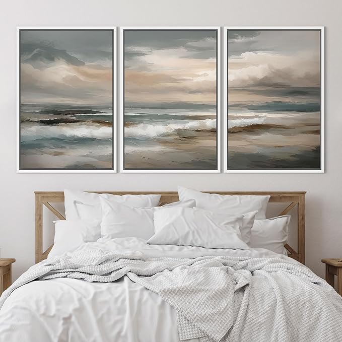 SIGNLEADER Framed Canvas Print Wall Art Set Soft Neutral Coastal Waves Muted Teal and Beige Ocean Illustrations Minimal Decorative Bohemian Nordic for Living Room, Bedroom, Office - 24"x36"x3 WHITE