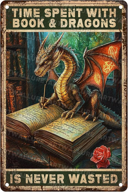 Dragon Metal Tin Sign Vintage Funny Wall Decor Time Spent With Books And Dragons Is Never Wasted Poster For Book Lovers Library Study Office Reading Nook Home Bar 8x12 Inch