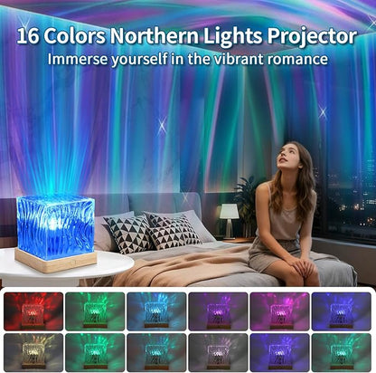 Northern Lights Projector, 16-Color LED Cube Lamp with Remote Control, Dynamic Water Ripple Ceiling Projection, Dimmable Ambient Night Light, Romantic Bedroom Decor Gift for Teens