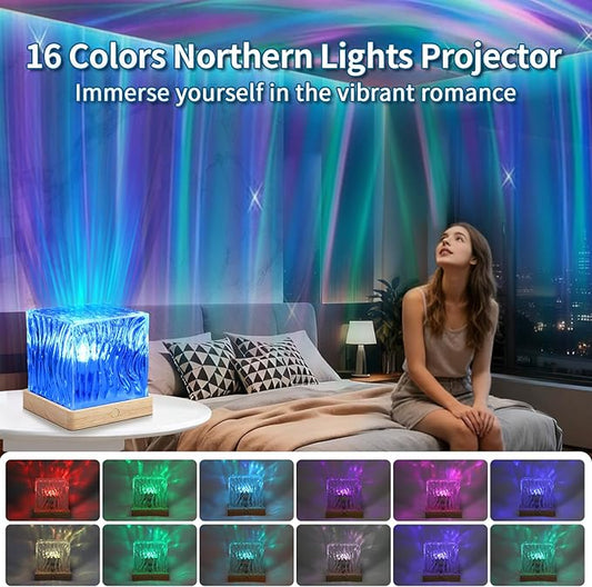 Northern Lights Projector, 16-Color LED Cube Lamp with Remote Control, Dynamic Water Ripple Ceiling Projection, Dimmable Ambient Night Light, Romantic Bedroom Decor Gift for Teens