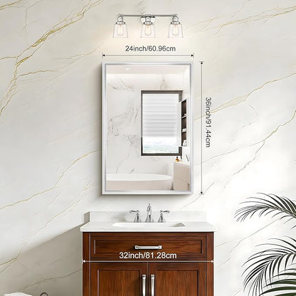 36x24 Silver Bathroom Mirror, Brushed Silver Rectangular Mirror for Wall, 0.6" Thickened Deep Frame Mirrors for Bathroom Sink, Shatterproof Tempered Glass, Antirust, Horizontally or Vertically