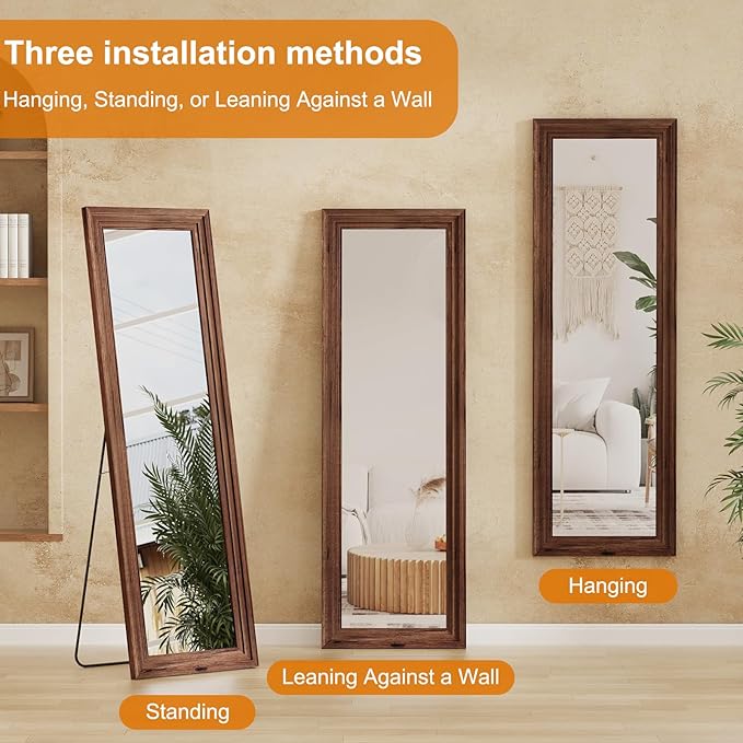 ZHUNFA Full Length Mirror,65x22 Inch Full Length Mirror Wall Mounted,Vertical Hanging,Leaning Standing for Bedroom,Living Room,Rectangular Wooden Frame,Wood Brown Color.