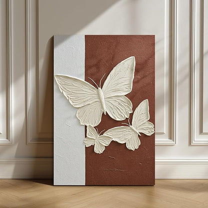 JUHOME Abstract Butterfly Canvas Wall Art,24x36 Inch Hand-Painted Textured Vertical Oil Painting,Minimalist White Butterfly Artwork for Living Room Bedroom Office, Large Original Wall Decor on Canvas