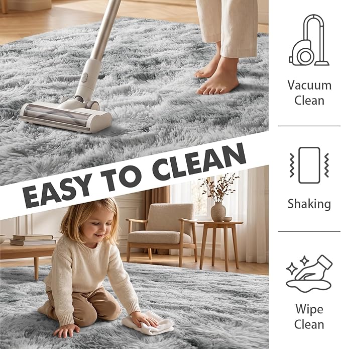 7x10 Ft Extra Large Shag Rugs for Living Room, Tie Dyed Ultra Soft Fluffy Furry Area Rugs for Bedroom Indoor Floor, Aesthetic Carpet for Kids Home Decor (Light Grey)