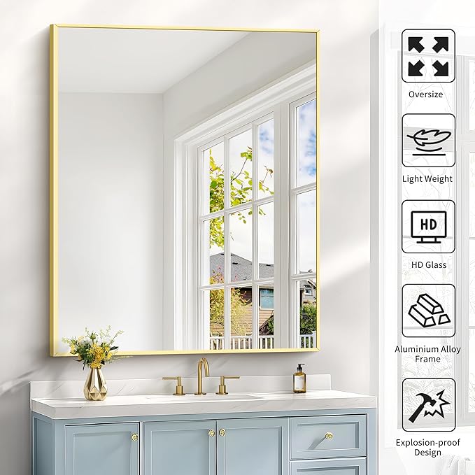 COFENY 40x48inch Gold Bathroom Mirror, Silver Rectangle Mirror with Frame, Large Rectangular Wall Mirrors for Bathroom, Living Room, Hair Salon, Big Farmhouse Mirror Hang Horizontal/Vertical