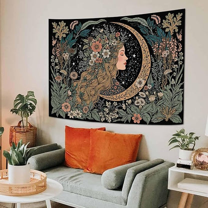 Neasow Moon Girl Floral Tapestry, Botanical Nature Wall Art, Boho Aesthetic Mystic Decor for Living Room Bedroom Home, Green 44x60 inches
