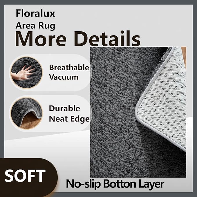 Floralux 8x10 Shag Rug for Bedroom, Dark Grey, Large Area Rug for Living Room, Soft Fluffy Carpet
