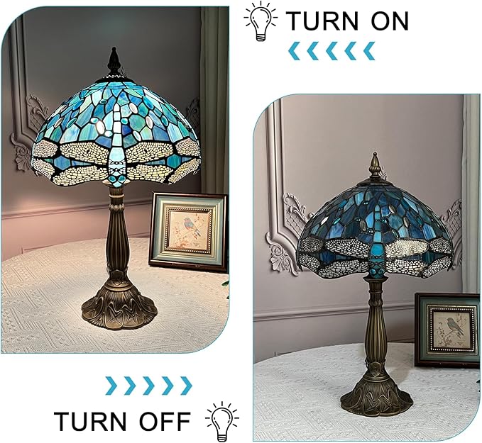 ARTZONE Tiffany Table Lamp[W12''xH20''], Tiffany Table Lights Antique Stained Glass Bedside Table Lamp for Bedside/Desk Reading/Living Room/Home Office/Bedroom(Dragonfly)