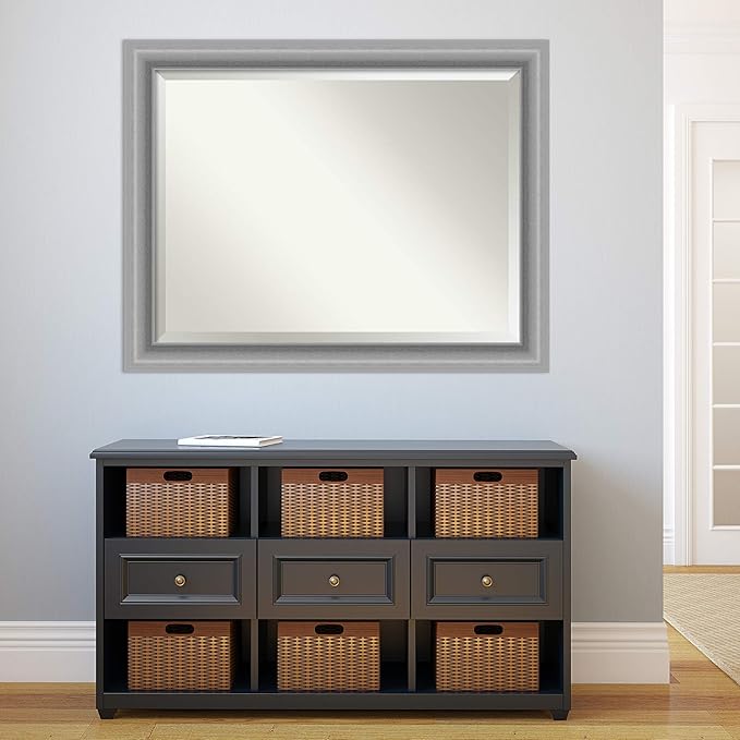 Amanti Art Silver Bathroom Mirror for Over Sink, 36x46 Peak Polished Nickel Rectangle Vanity Mirror, X-Large Traditional Frame, Hangs Horizonally and Vertically, Bathroom Wall Decor, Beveled Edge