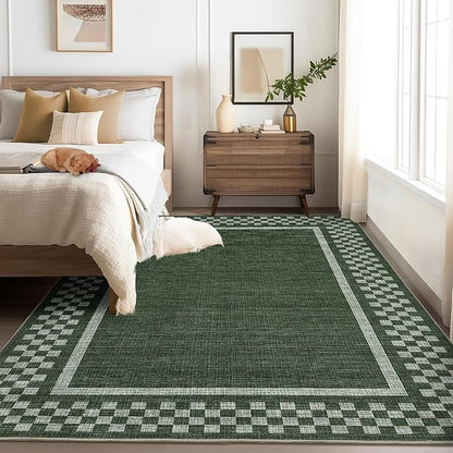 GarveeHome Washable Area Rugs 10x13 Non Slip Soft Large Living Room Rug Modern Checkered Bedroom Rug Soft Geometric Bordered Throw Carpet for Dining Room Home Decor Office Nursery, Green